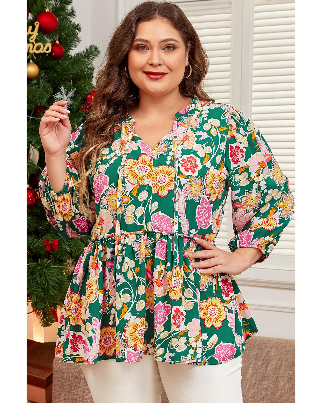 Green Floral Tied V Neck Long Sleeve Plus Size Babydoll Top - 3X