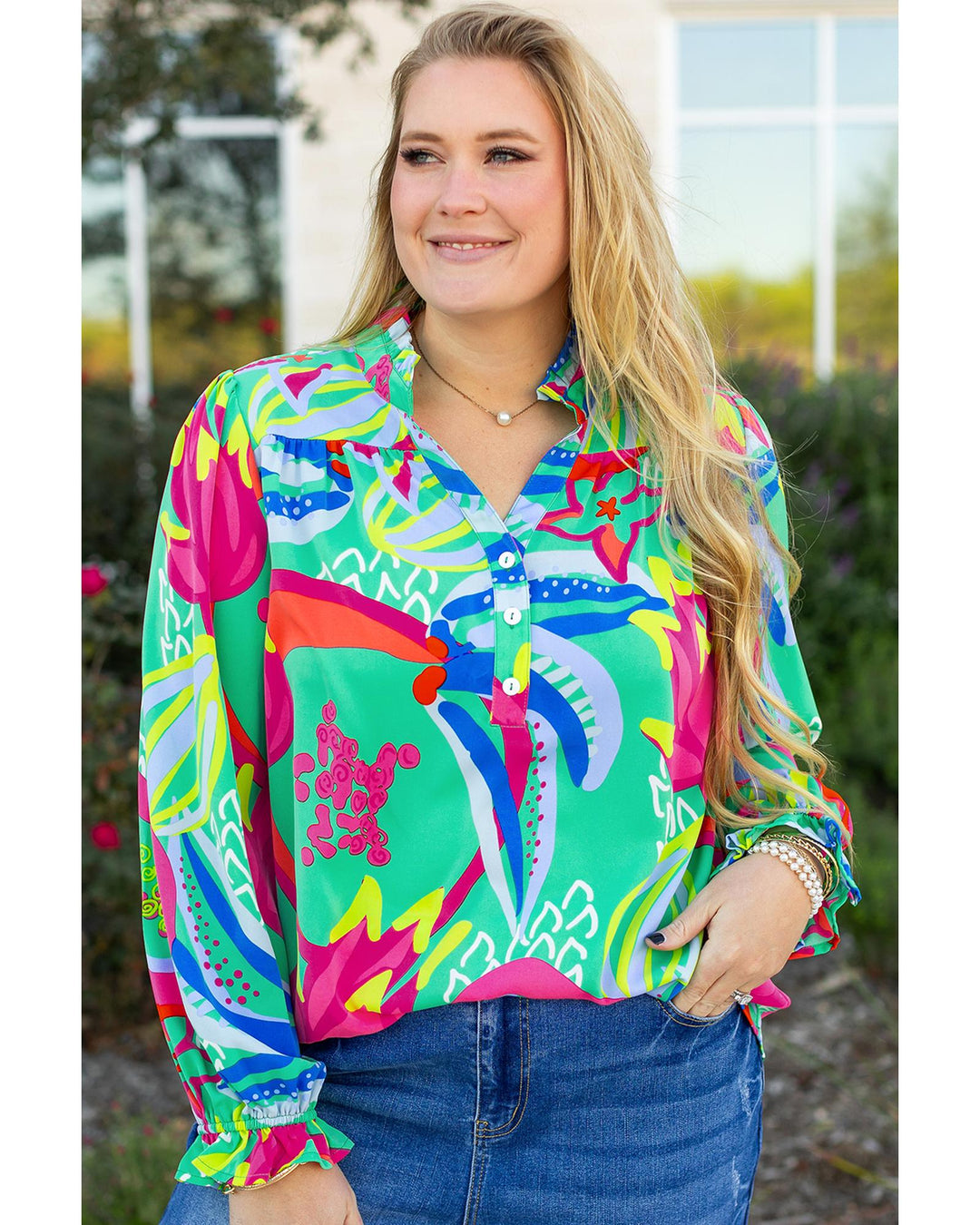 Green Abstract Printed Flounce Sleeve V Neck Buttoned Plus Size Blouse - 2X