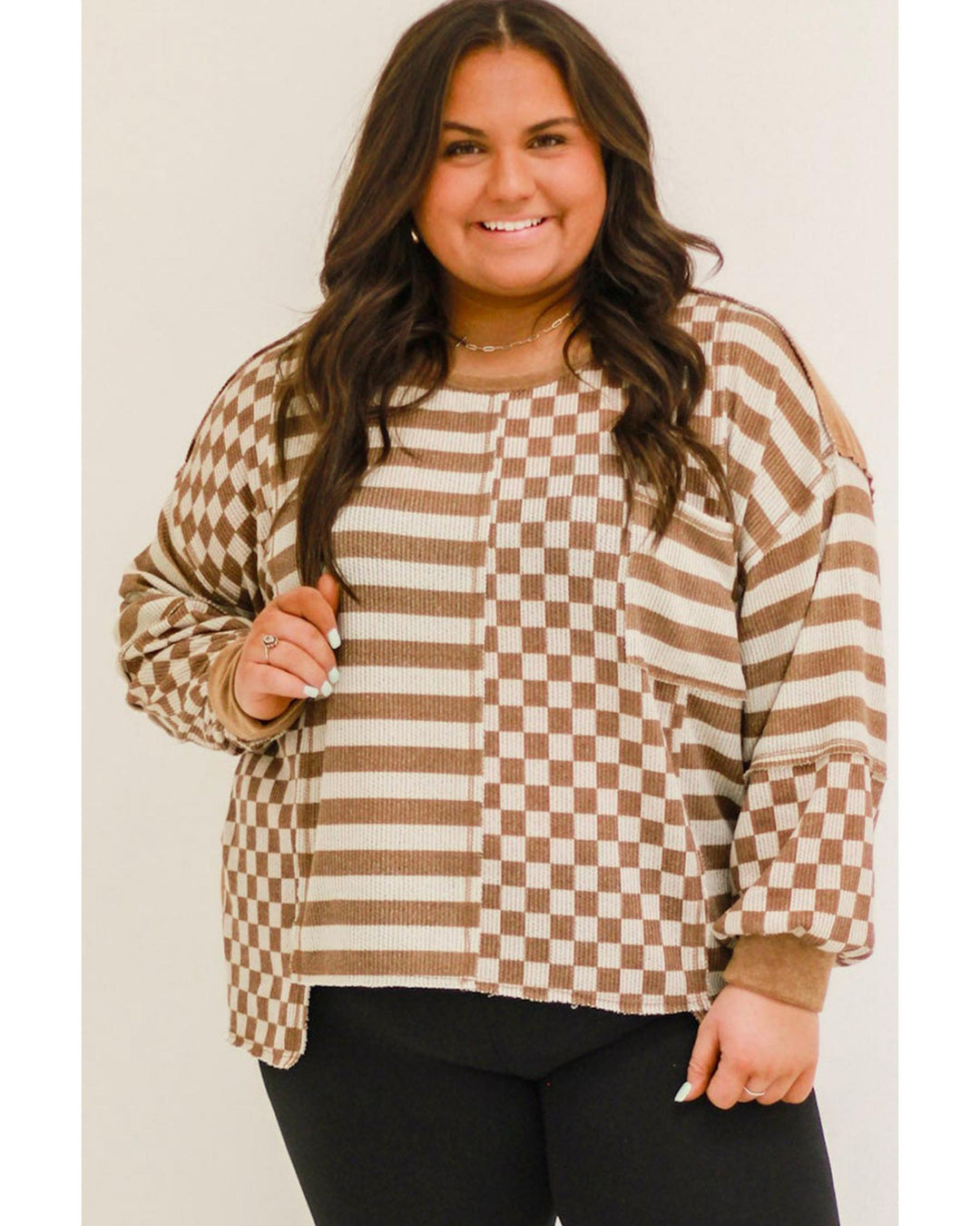 Khaki Striped Checkered Mixed Print Chest Pocket Casual Plus Size Top - 3X