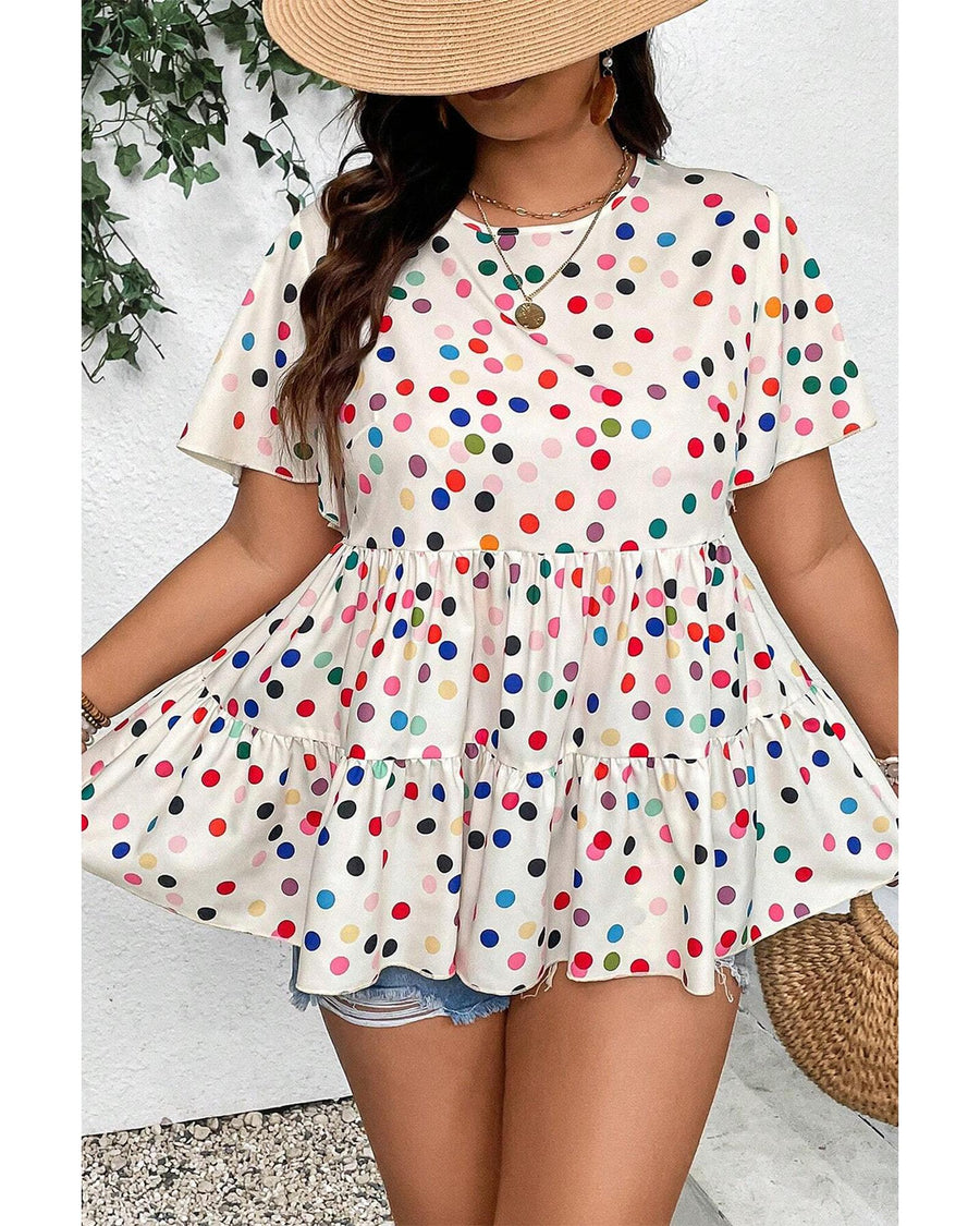 Beige Colorful Polka Dot Print Short Sleeve Ruffled Plus Size Babydoll Blouse - 1X