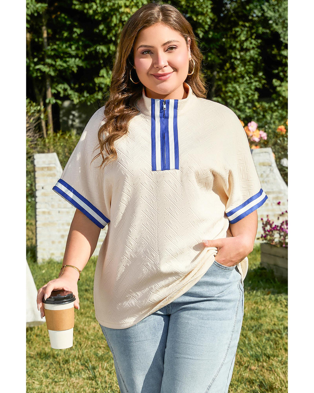 White Varsity Half Zip Textured Plus Size Top - 1X