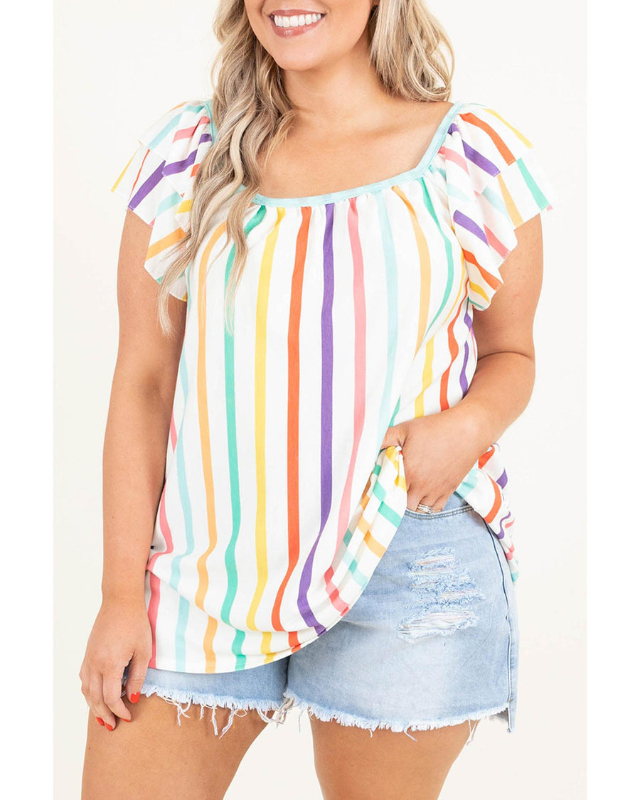 White Stripe Ruffled Sleeve Square Neck Plus Size Blouse - 1X