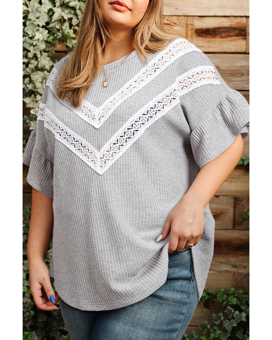 Light Grey Lace Insert Waffle Ruffle Short Sleeve Plus Size Top - 4X