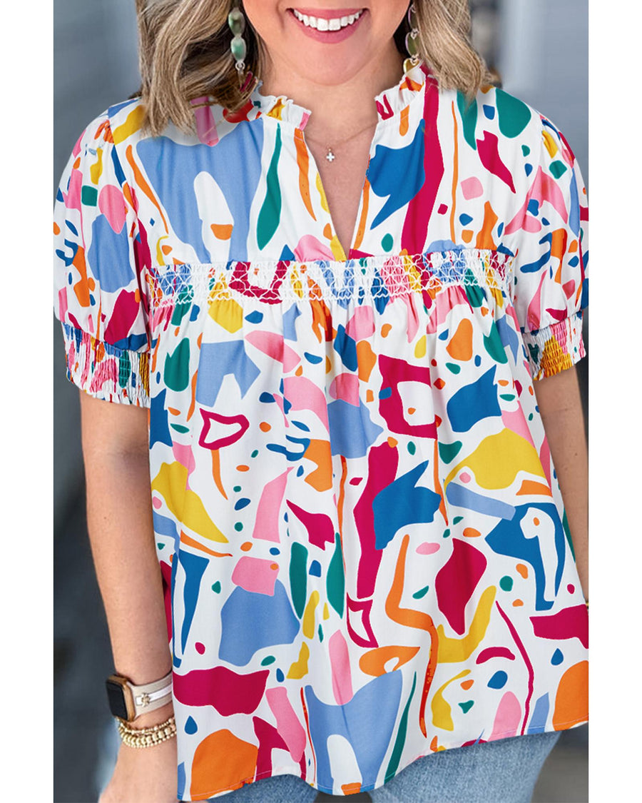 White Abstract Print Shirred Cuff Puff Sleeve Plus Size Blouse - 1X