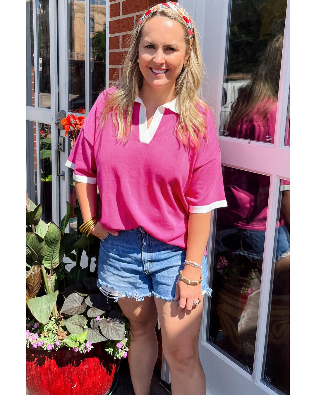Pink Contrast Trim Collared Split Neck Short Sleeve Plus Size Top - 3X