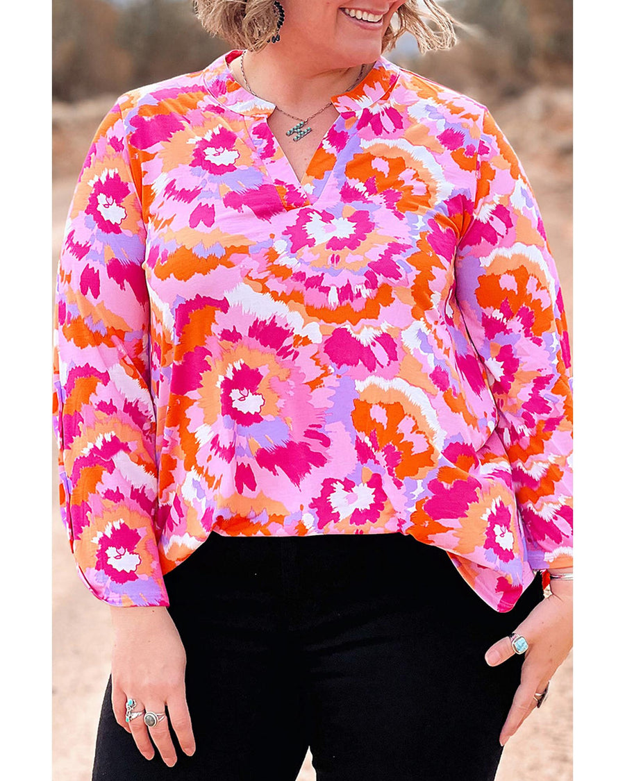 Pink Plus Size Abstract Floral Print V Neck Blouse - 4X