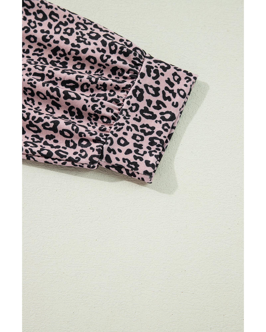 Black Leopard Print Colorblock V Neck Long Sleeve Plus Size Top - 3X