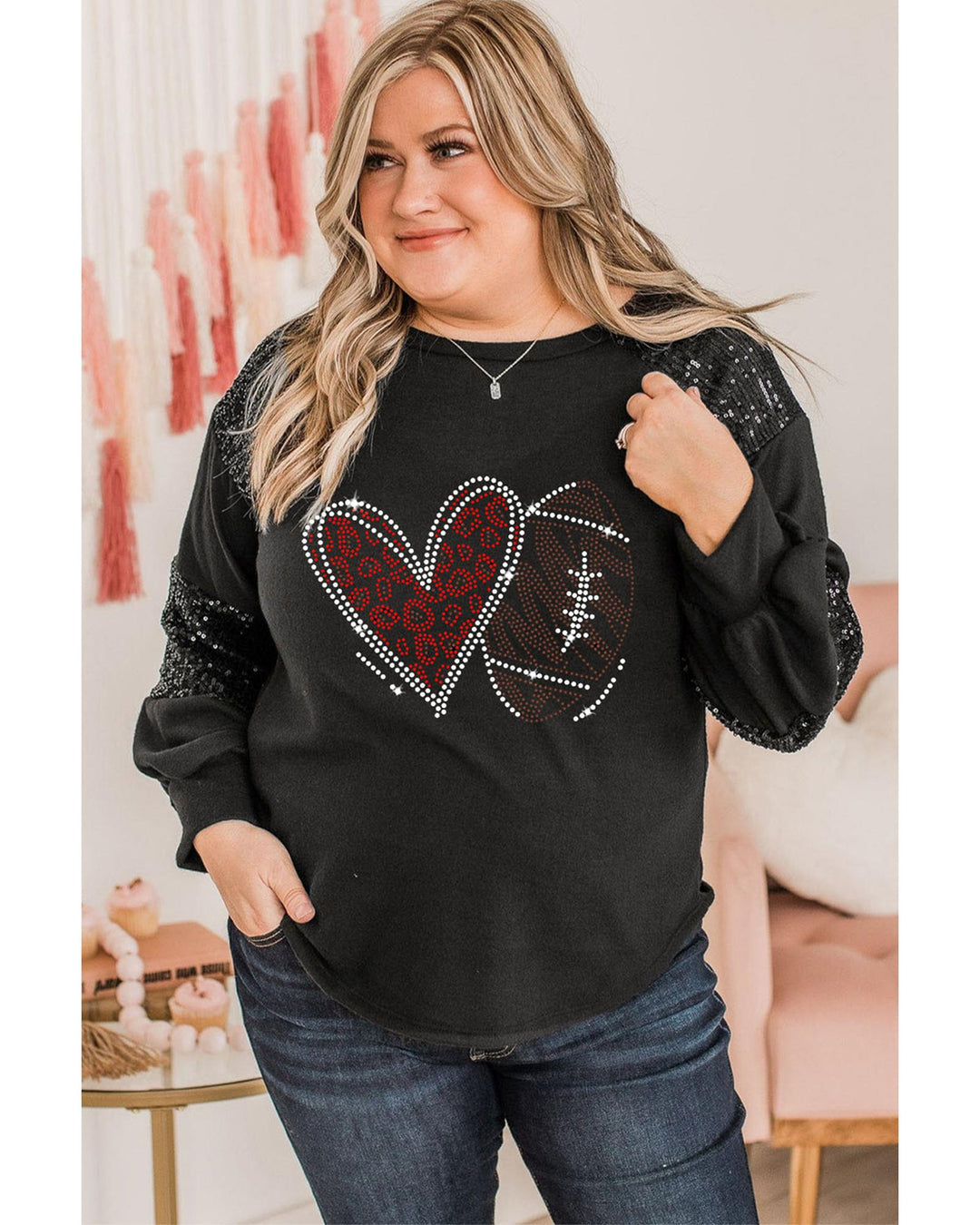 Black Rhinestone Heart Rugby Football Pattern Sequin Patched Sleeve Plus Size Top - 3X