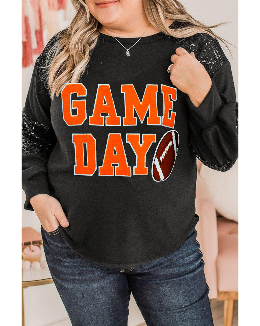 Black Game Day Rugby Football Graphic Sequin Patchwork Sleeve Plus Size Top - 2X