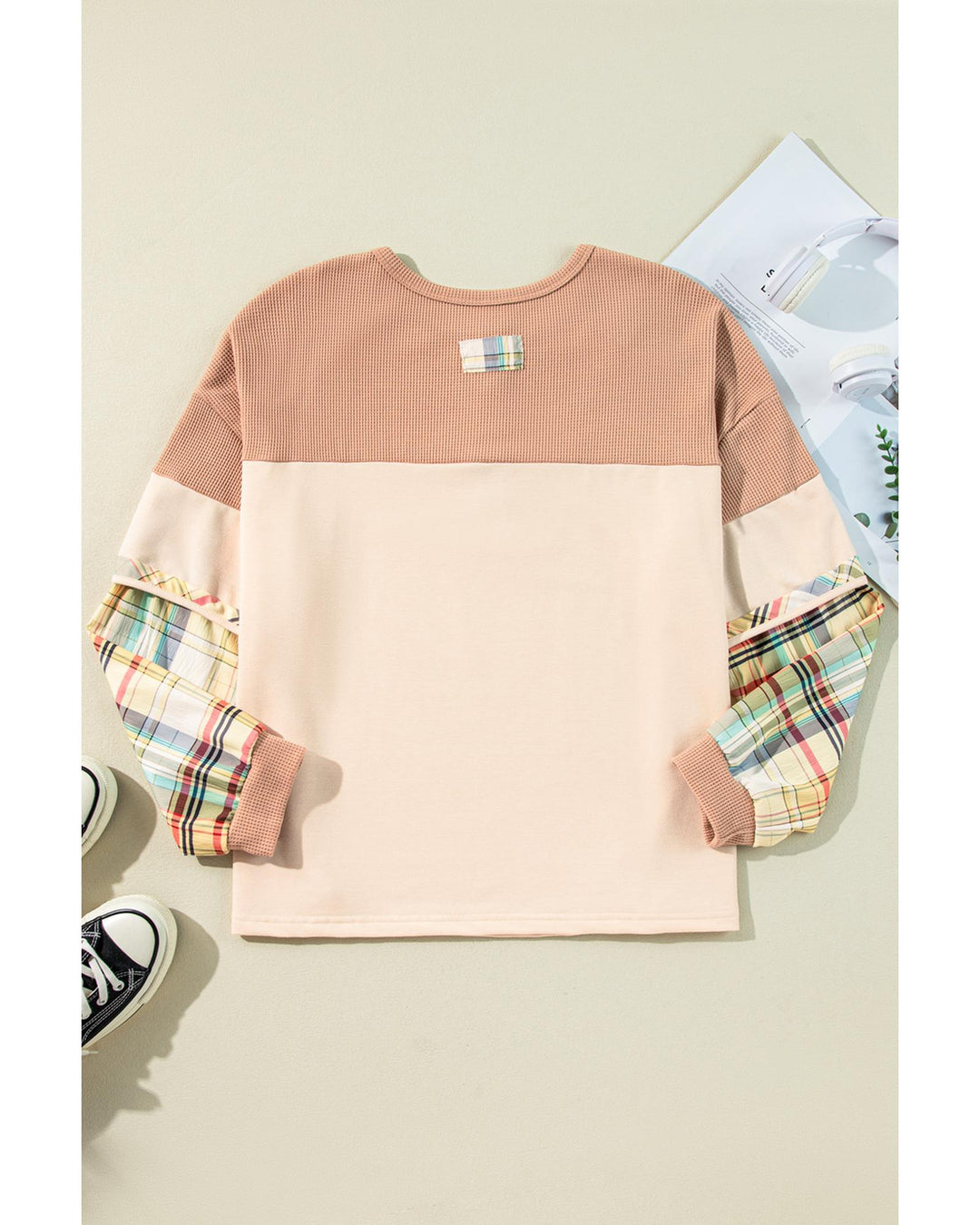 Parchment Plus Size Plaid Patchwork Layered Henley Top - 1X