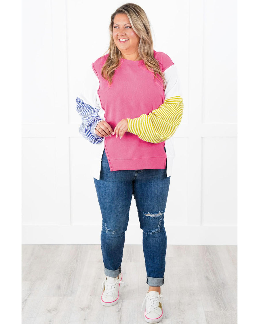 Rose Red Colorblock Patchwork Striped Puff Sleeve Plus Size Top with Slits - 1X