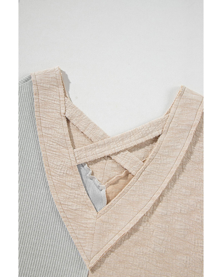 Ashleigh Blue Plus Size Textured Colorblock Patchwork V Neck Top - 4X