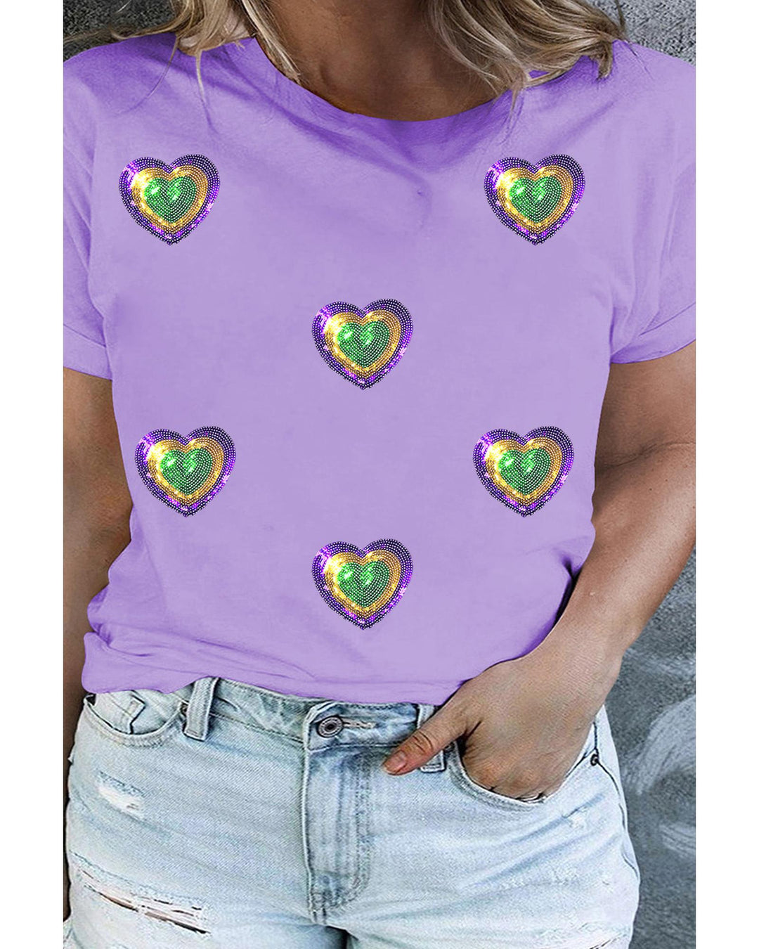 Orchid Petal Mardi Gras Sequin Heart Patched Plus Size Graphic Tee - 1X