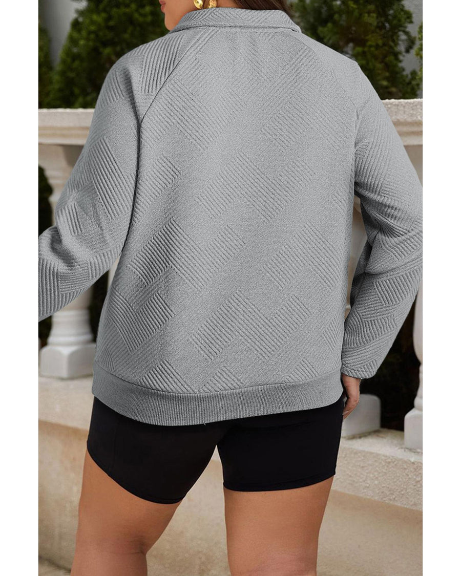 Light Grey Textured Snap Buttons Pullover Plus Size Sweatshirt - 3X