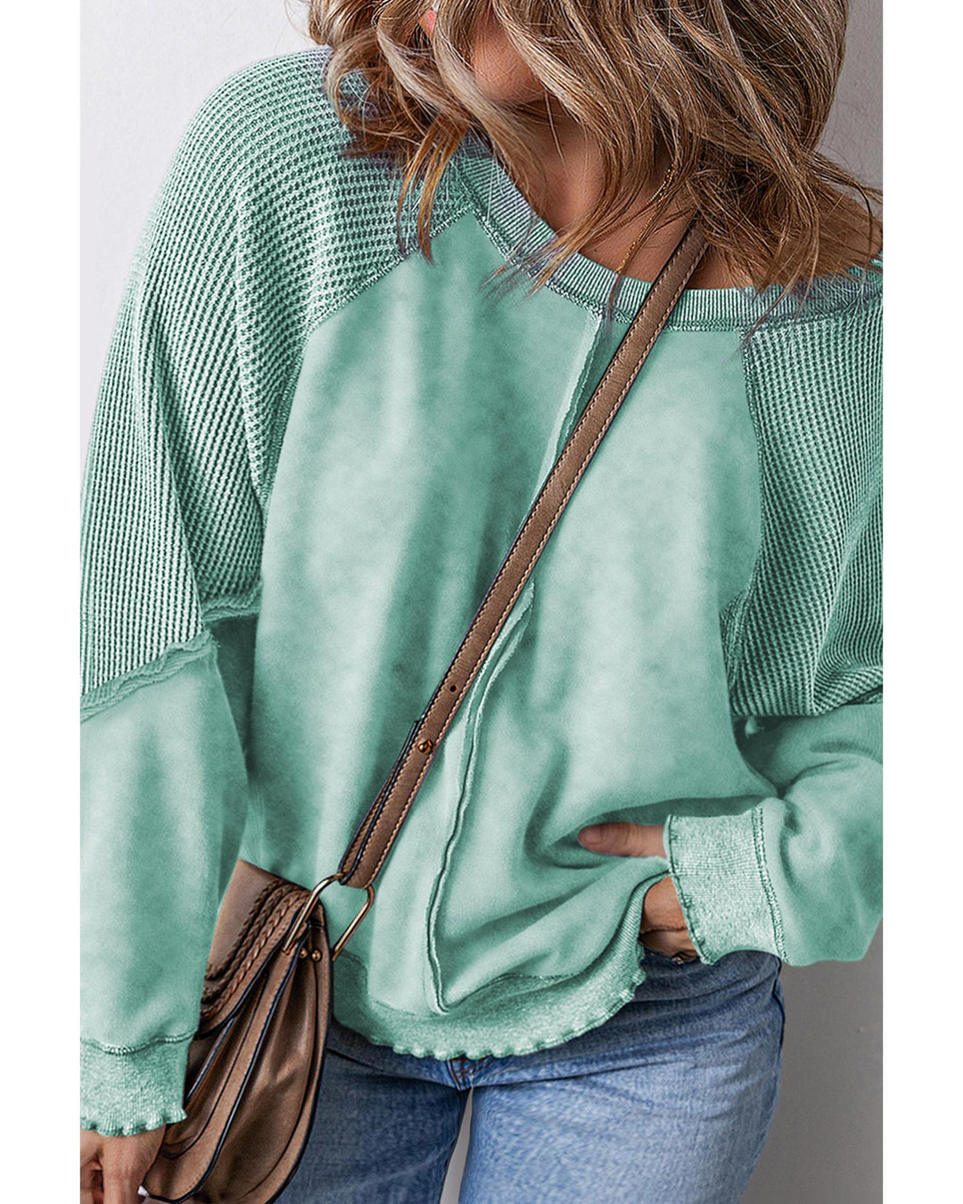 Mineral Blue Textured Patchwork Frilled Trim Plus Size Pullover Sweatshirt - 1X