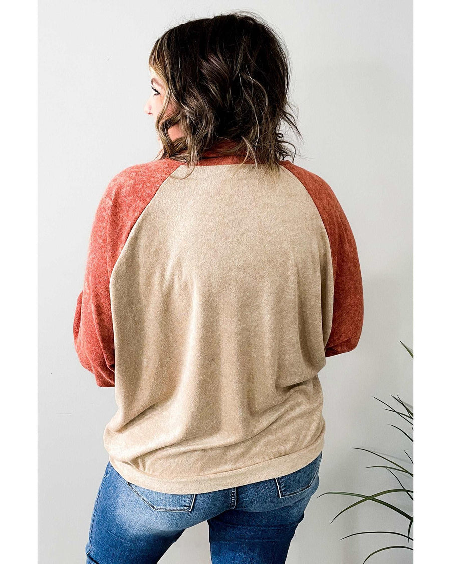 Orange Plus Size Colorblock Raglan Hoodie with Pockets - 3X