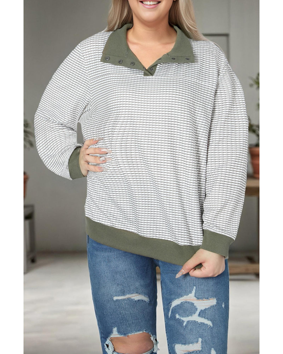 Green Striped Contrasting Trim Plus Size Henley Pullover - 1X