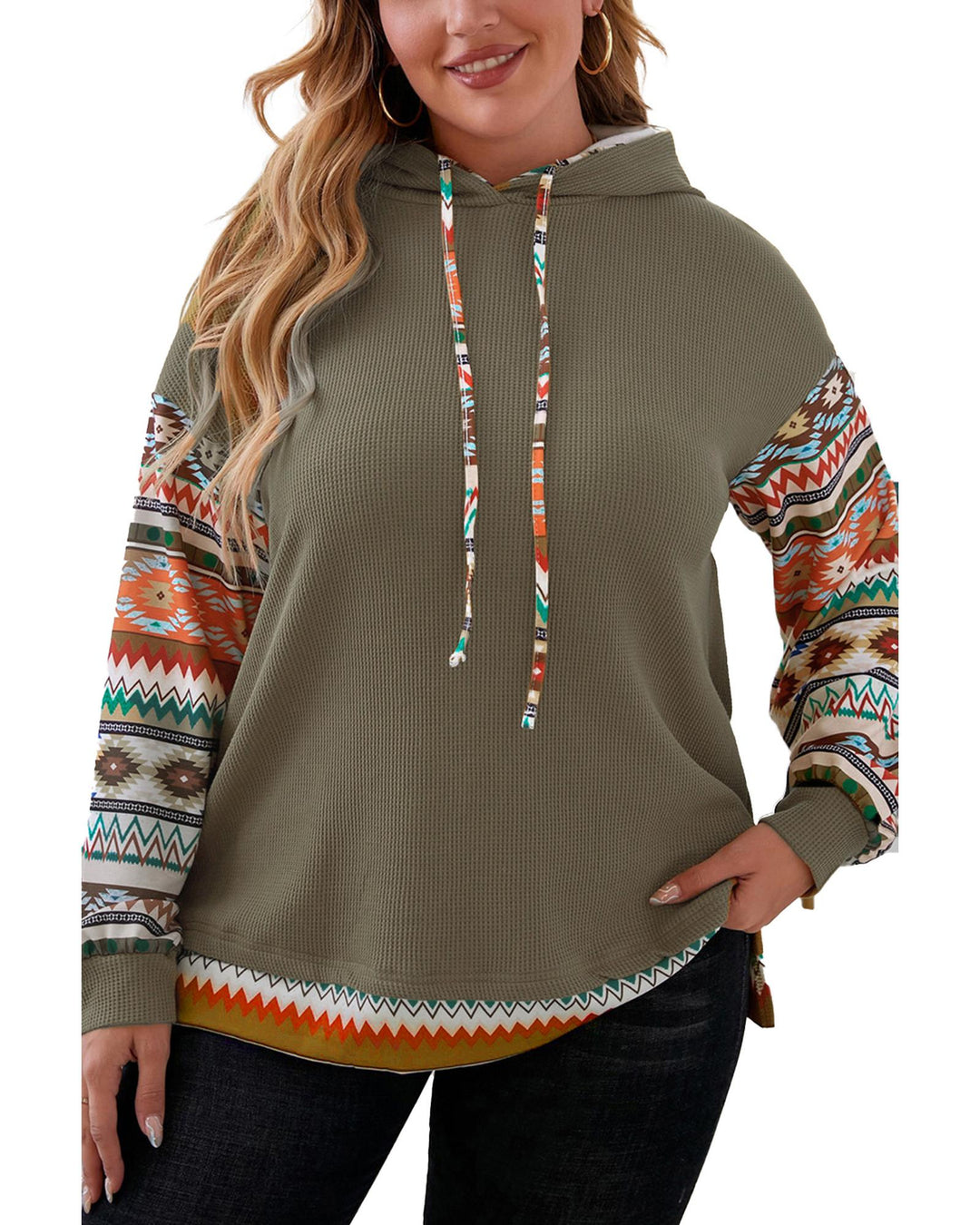 Jungle Green Aztec Patchwork Sleeve Waffle Drawstring Plus Hoodie - 3X
