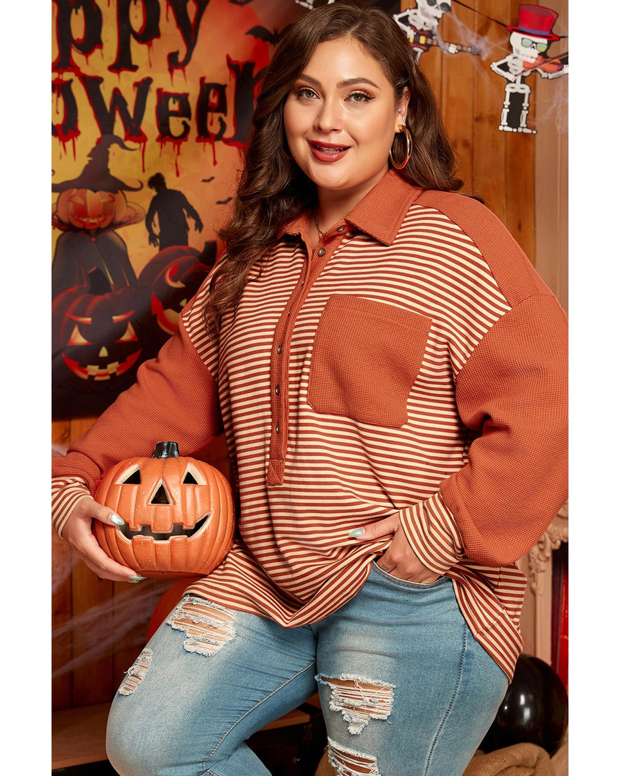 Red Stripe Textured Patched Drop Shoulder Buttoned Plus Size Sweatshirt - 2X