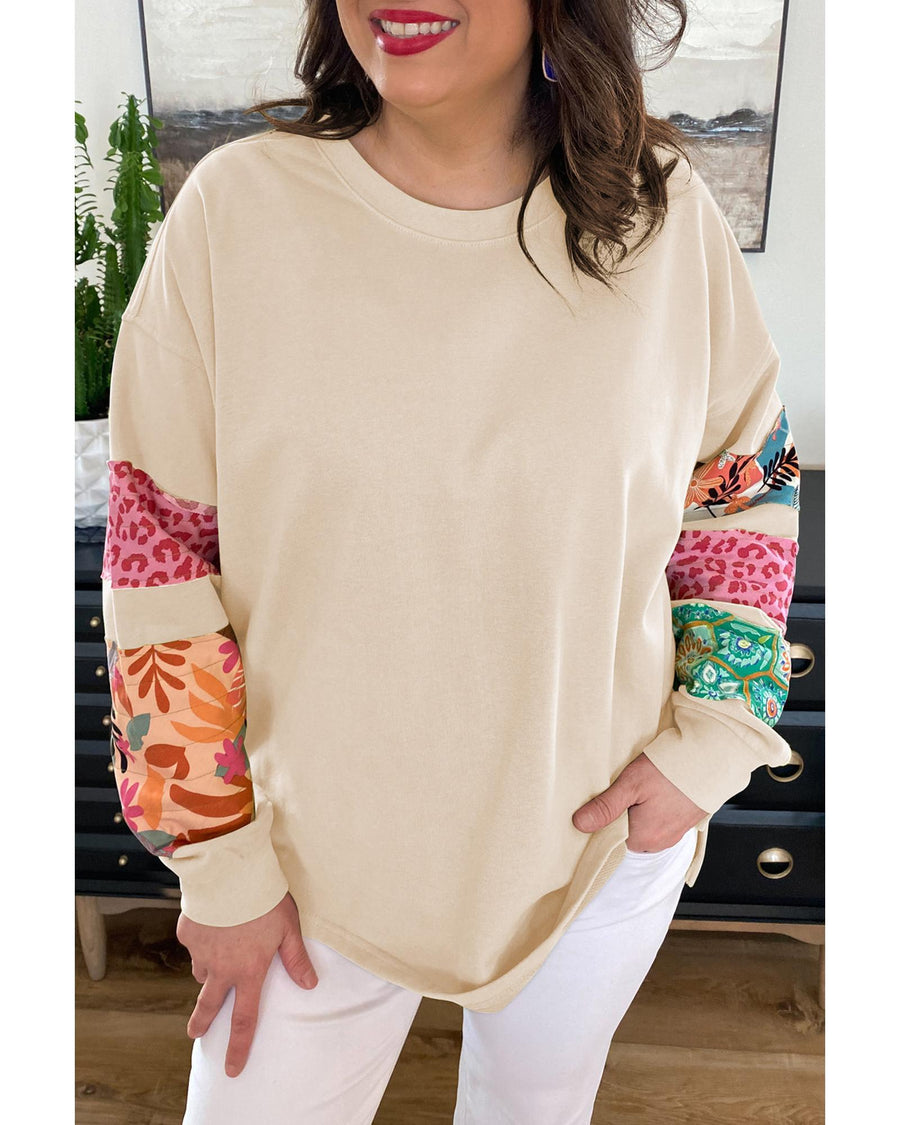 Beige Plus Size Printed Patchwork Sleeve Split Sweatshirt - 2X