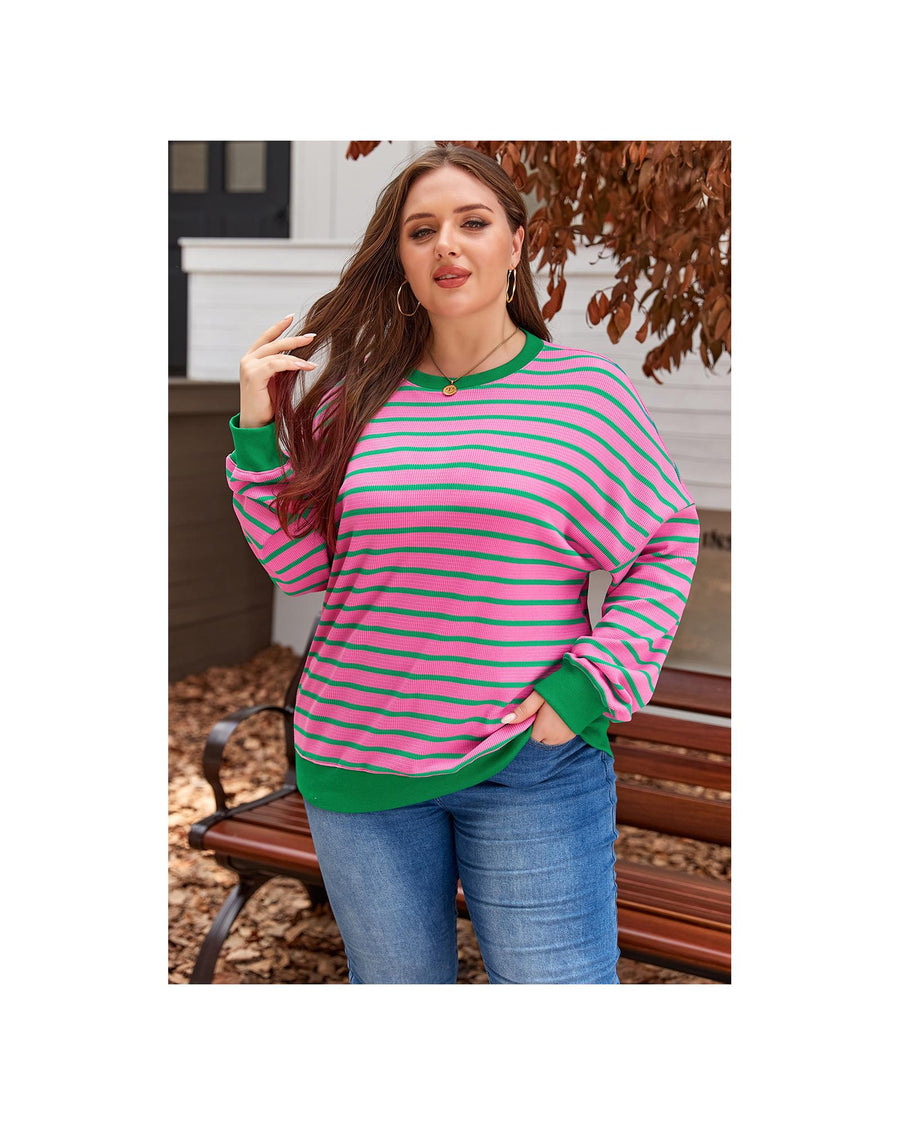 Pink Stripe Waffle Knit Crew Neck Plus Size Sweatshirt - 1X