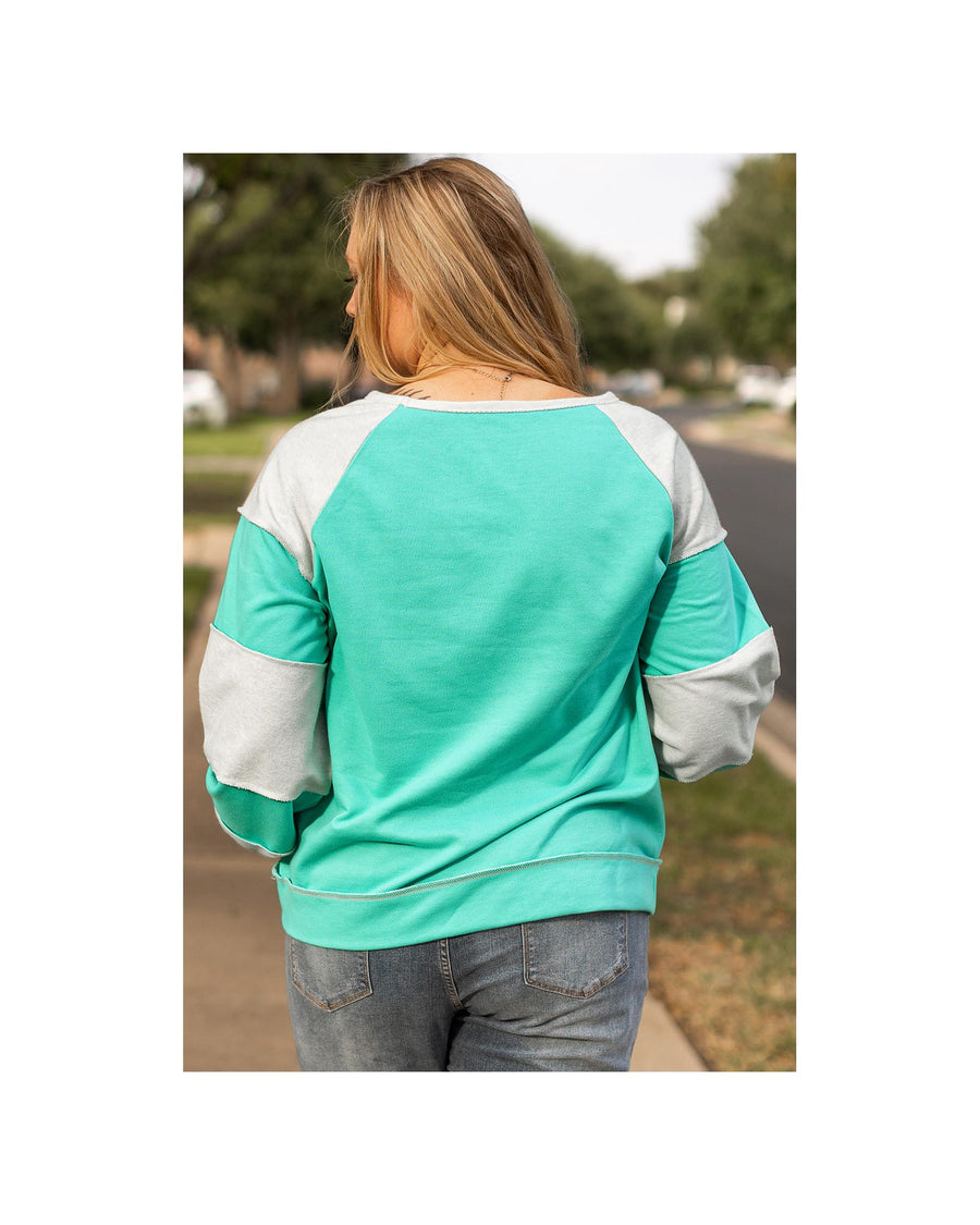 Aruba Blue Colorblock Patchwork Cross Seam Plus Sweatshirt - 3X
