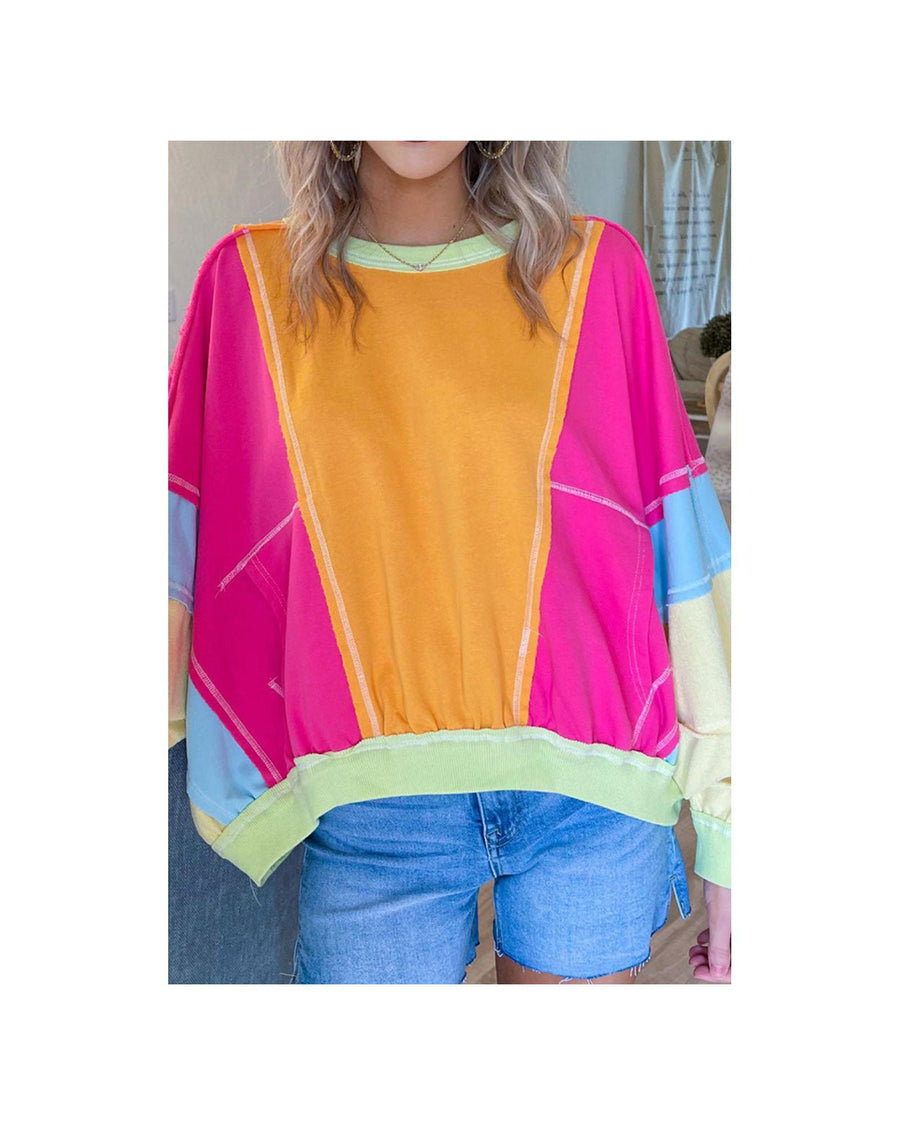 Rose Red Plus Size Colorblock Patchwork Exposed Seam Sweatshirt - 1X