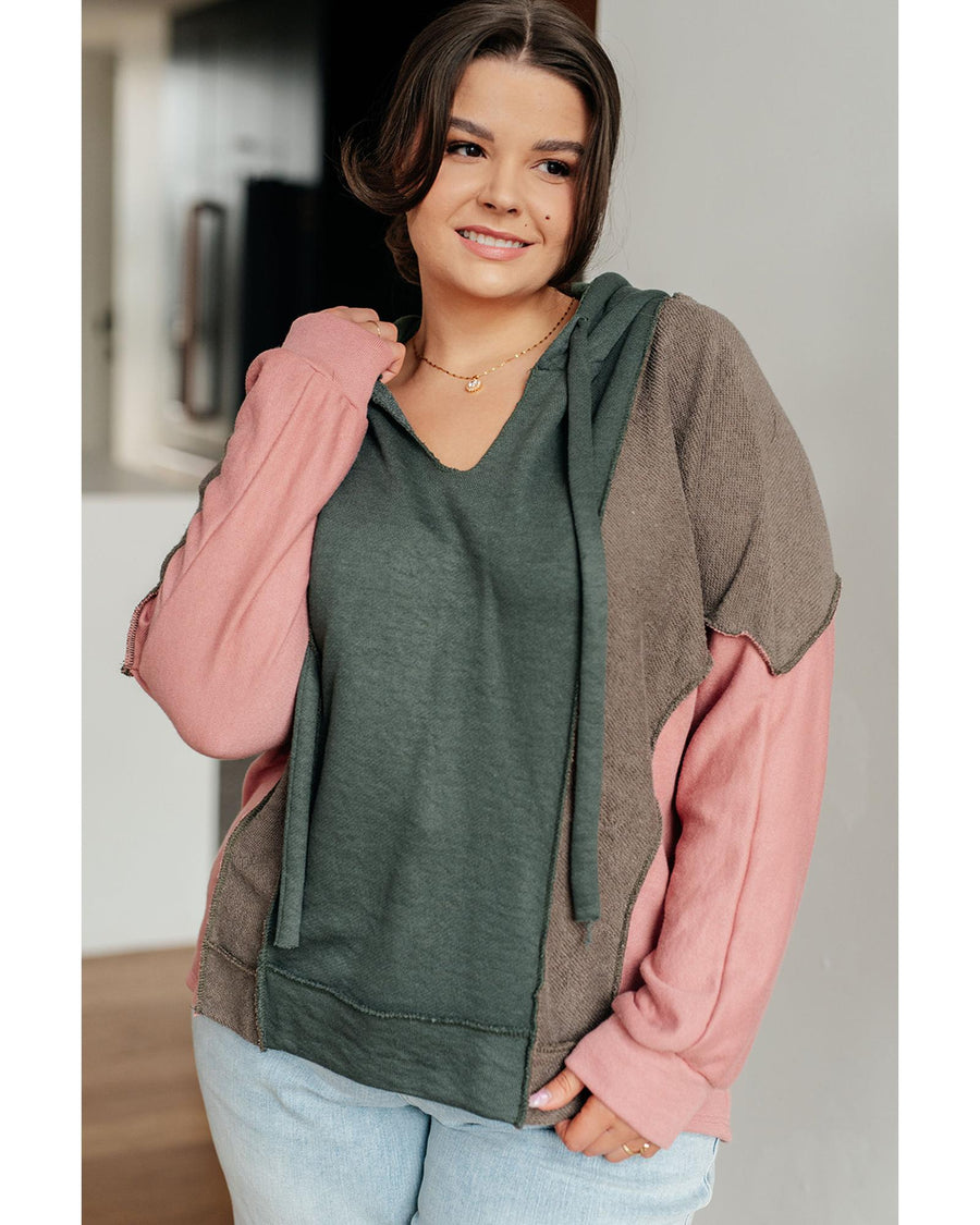 Breen Plus Size Colorblock Patchwork V Neck Hoodie - 2X