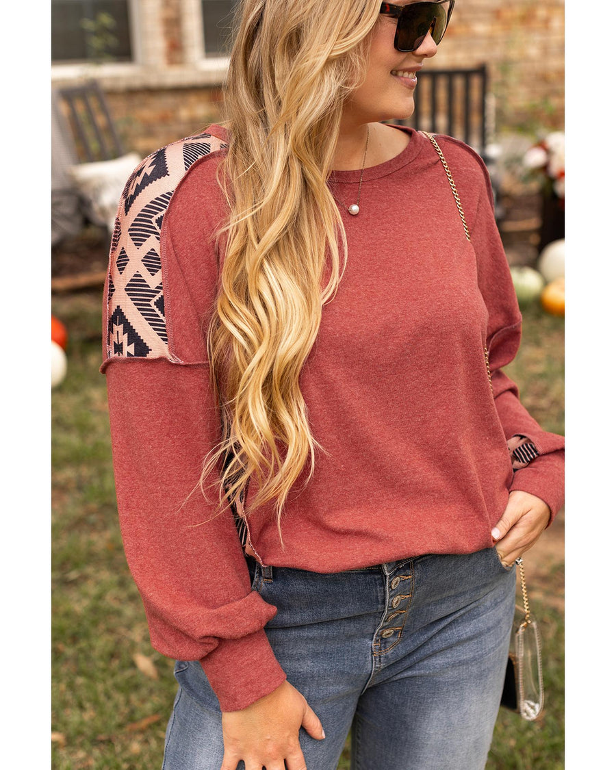 Redwood Burl Aztec Patchwork Drop Shoulder Plus Size High Low Sweatshirt - 3X