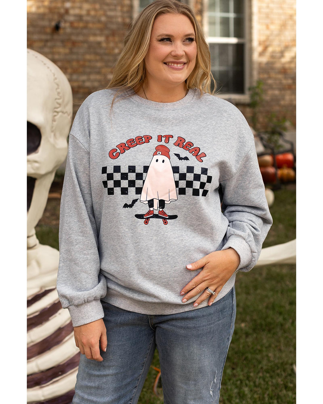 Light Grey Creep It Real Ghost Print Plus Size Sweatshirt - 4X
