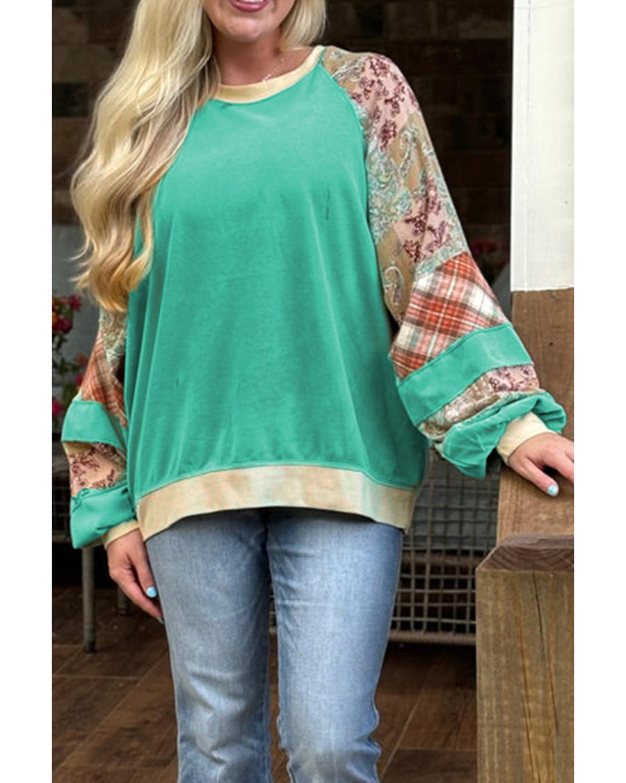 Sky Blue Plus Size Plaid Floral Patchwork Raglan Sleeve Sweatshirt - 1X