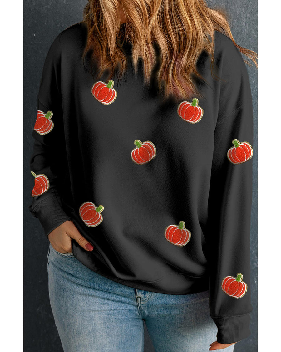 Black Chenille Pumpkin Patched Drop Shoulder Plus Size Sweatshirt - 3X