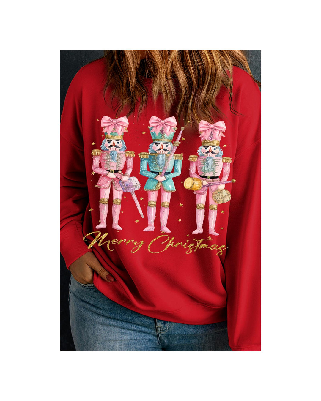 Racing Red Nutcracker Merry Christmas Printed Drop Shoulder Plus Size Sweatshirt - 3X