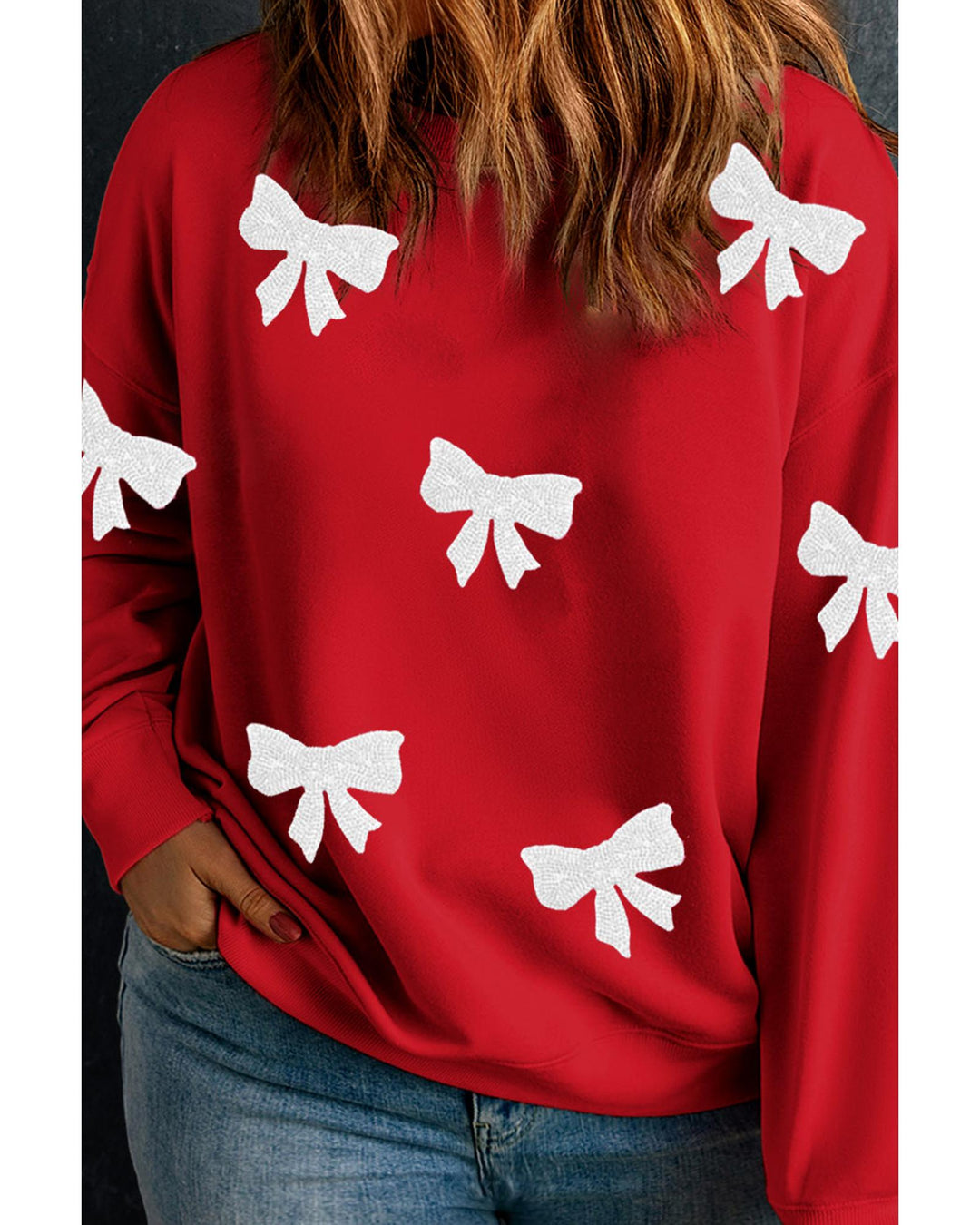 Racing Red Bow Pattern Drop Shoulder Plus Size Sweatshirt - 2X