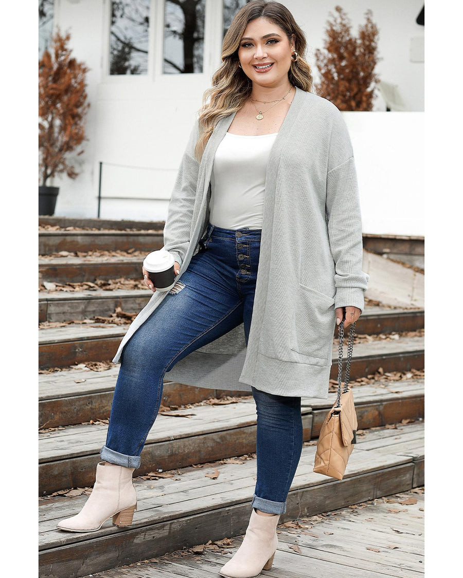 Thermal Knit Pocketed Plus Size Cardigan - 1X
