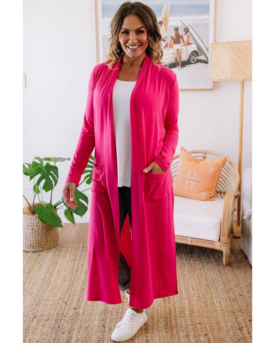 Strawberry Pink Plus Size Side Split Pockets Duster Cardigan - 3X