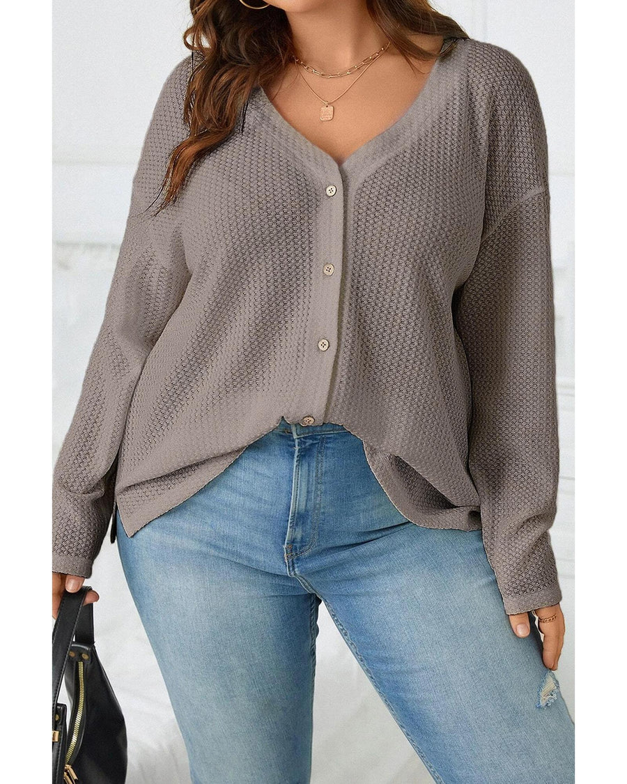 Simply Taupe Waffle Knit Drop Shoulder Button V Neck Plus Size Top - 1X