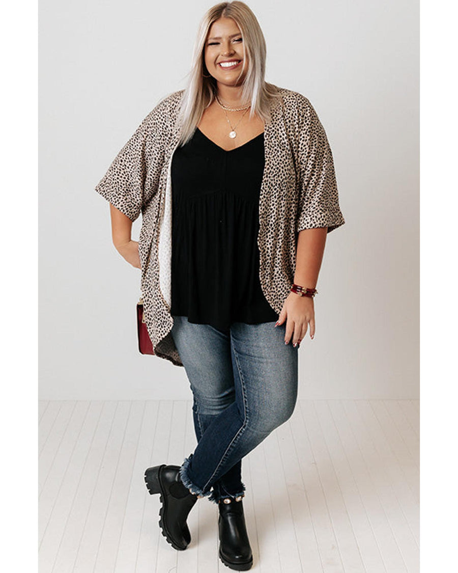 Khaki Plus Size Leopard Print Half Sleeve Open Front Cardigan - 2X