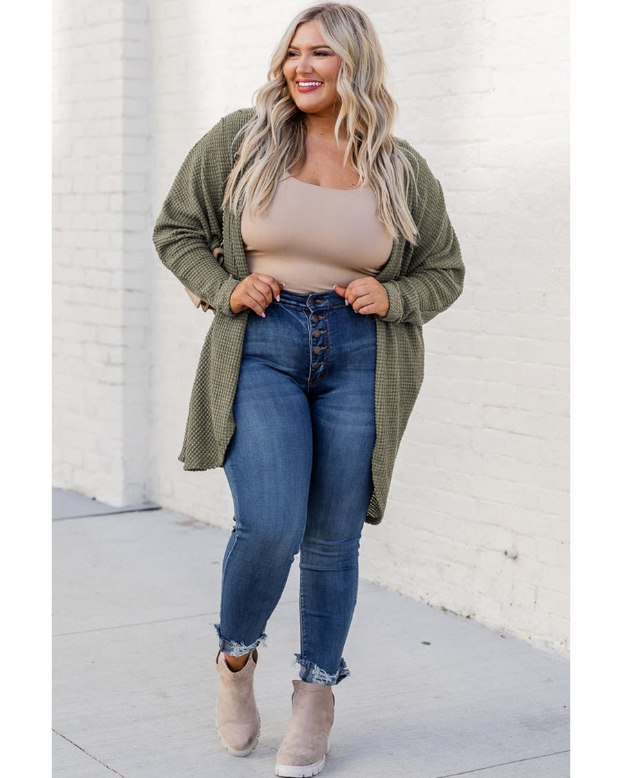 Seagrass Waffle Knit Drop Shoulder Open Front Pocketed Plus Size Cardigan - 4X