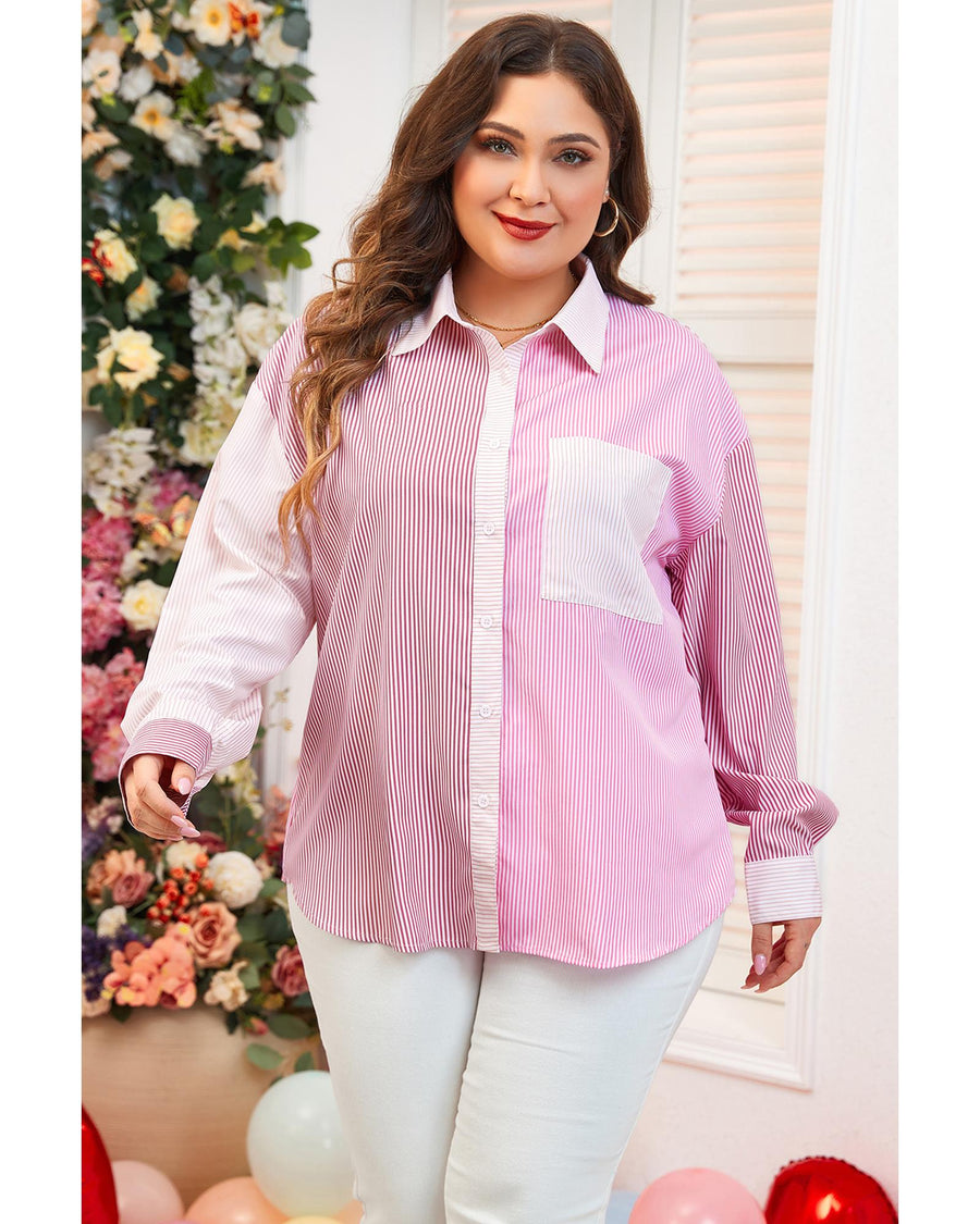 Pink Stripe Print Colorblock Plus Size Shirt - 3X