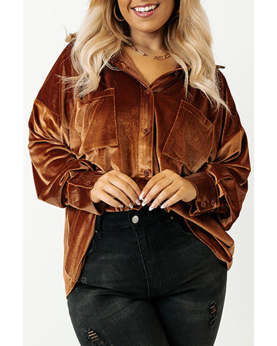 Chestnut Plus Size Velvet Chest Pocket Drop Shoulder Shirt - 2X