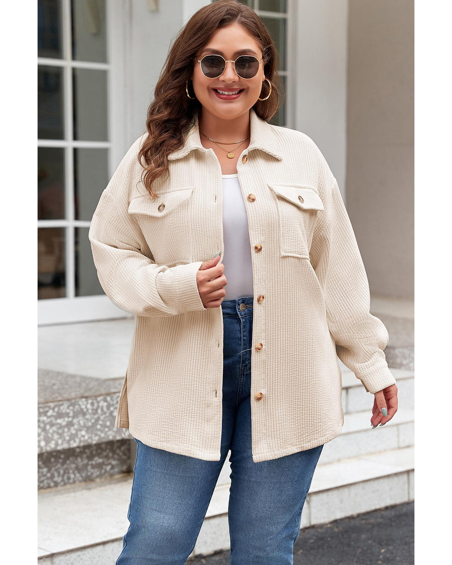 Oatmeal Textured Flap Pockets Buttoned Plus Size Shacket - 1X