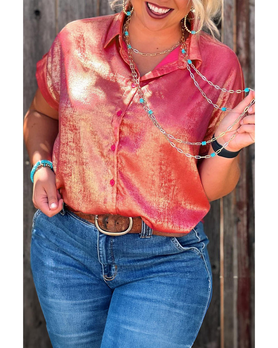 Rose Red Plus Size Metallic Sheen Short Sleeve Button Up Shirt - 3X