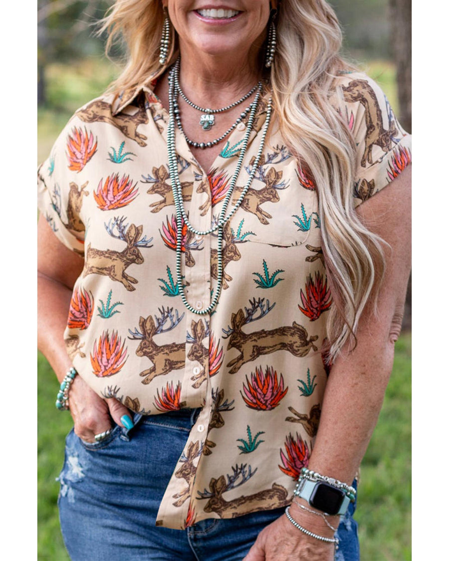 Khaki Plus Size Western Pattern Print Buttoned Short Sleeve Shirt - 1X