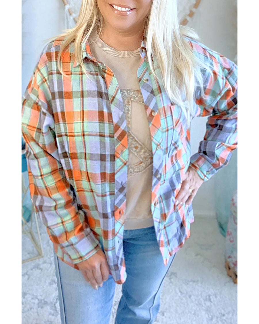 Orange Plus Size Plaid Print Buttoned Shirt - 4X