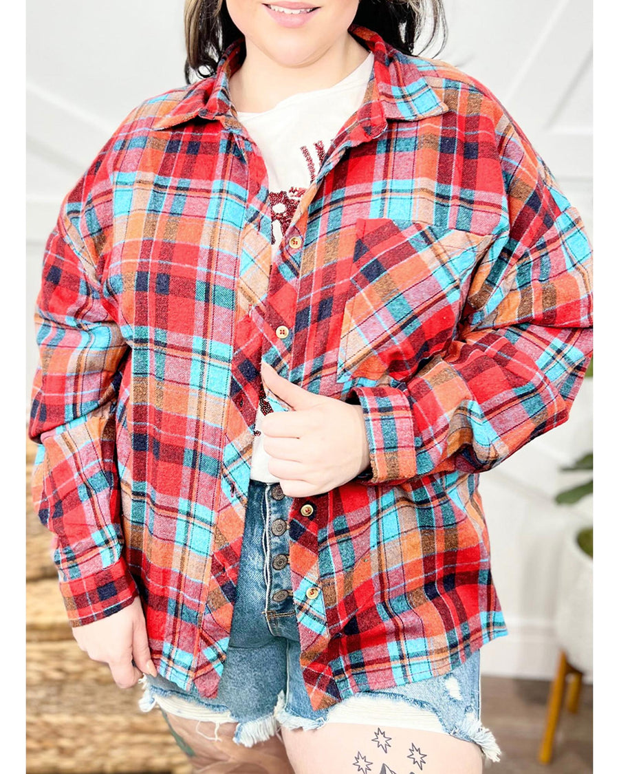 Red Plus Size Plaid Print Buttoned Shirt - 4X