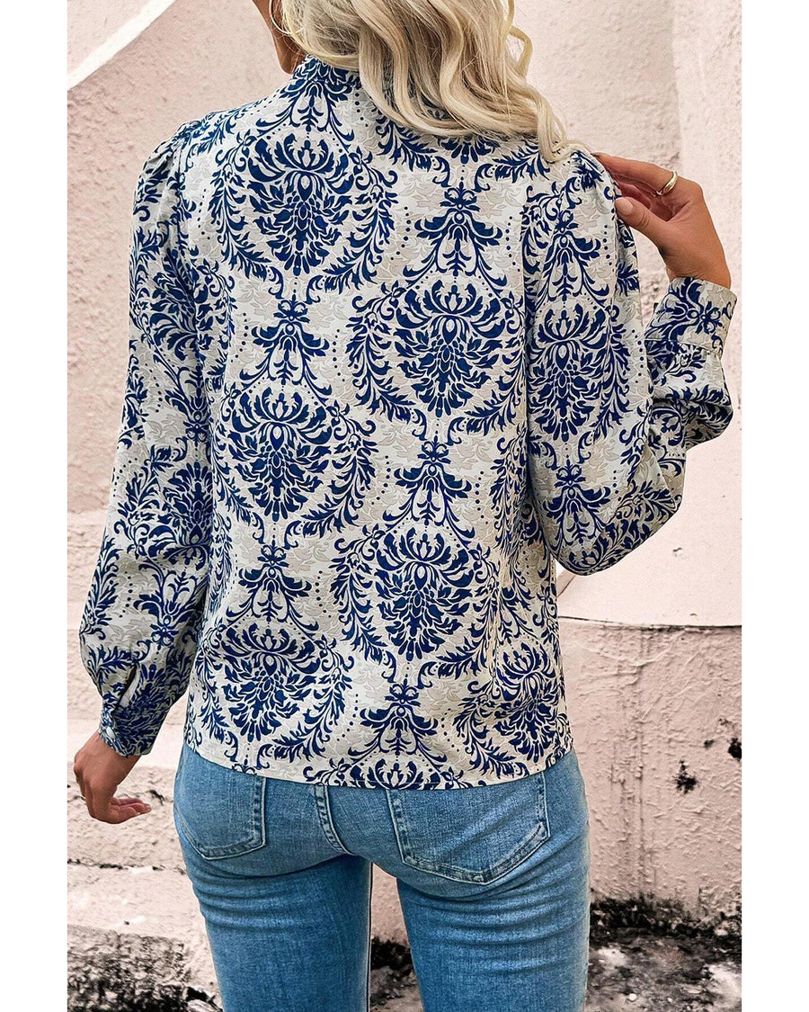 Sky Blue Tribal Pattern Print Notch Neck Buttoned Plus Size Shirt - 3X