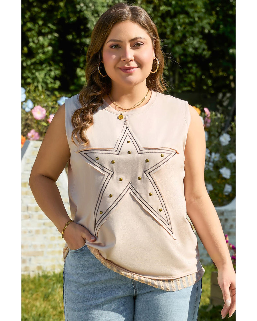 Parchment Studded Star Lace Patchwork Hem Plus Size Tank Top - 3X