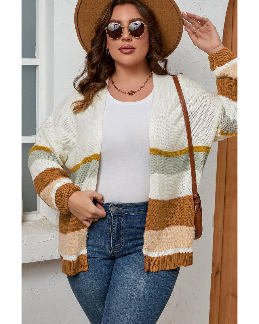 Beige Plus Size Striped Print Open Front Cardigan - 3X