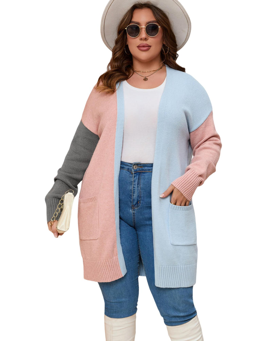 Multicolor Plus Size Colorblock Pocketed Open Front Cardigan - 1X